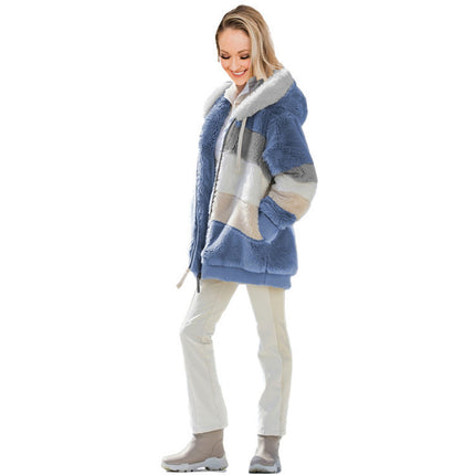 Women's Loose Plush Multicolor Hooded Jacket