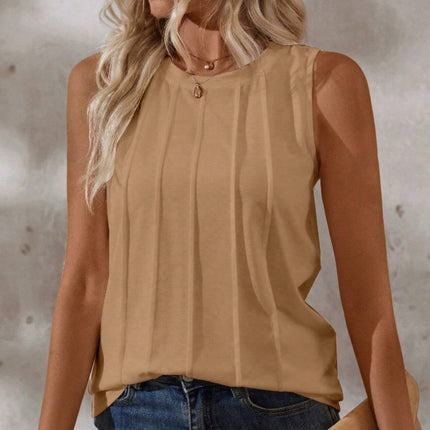 Women's Summer Solid Color Round-Neck Pleated Loose Casual Tank Top