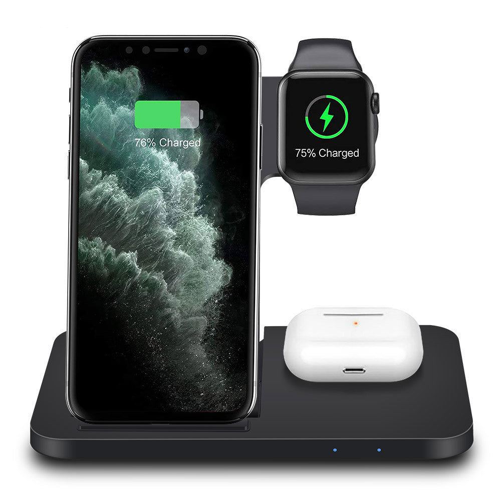 ZenCharge | Folding 3-In-1 Wireless Charger | 15W Fast Charge | Phone Watch Earbuds | Black | Space Saving Desk Accessory -