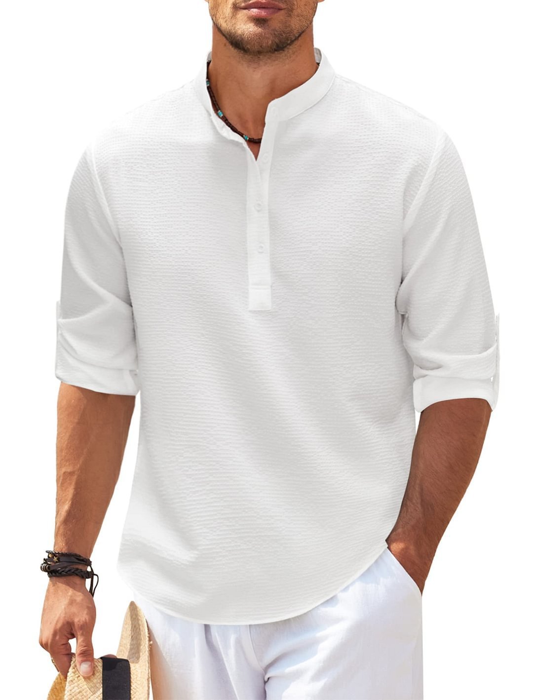 Men’s Casual Long Sleeve Stand Collar Shirt | Solid Color Loose Fit Pullover | Cotton Blend Autumn Top for Men | Stylish Minimalist Shirt | S–5XL (Multiple Colors) - Apparel & Accessories > Clothing > Clothing Tops > Shirts