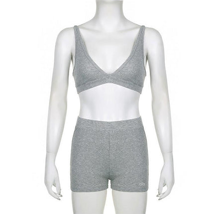 Knitted Zipper Sweater V-neck Triangle Cup Bra Shorts Casual Three-piece Suit
