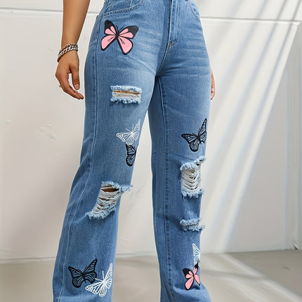 High Waisted Straight Leg Jeans For Women Trendy Butterfly Print Ripped Distressed Denim Pants