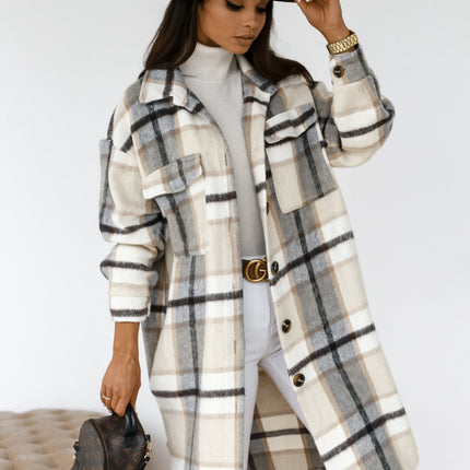 Button Lapel Casual Warm Plaid Long Woolen Coat