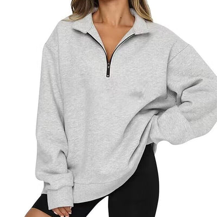 Women Sweatshirts Zip Turndown Collar Loose Casual Tops Clothes