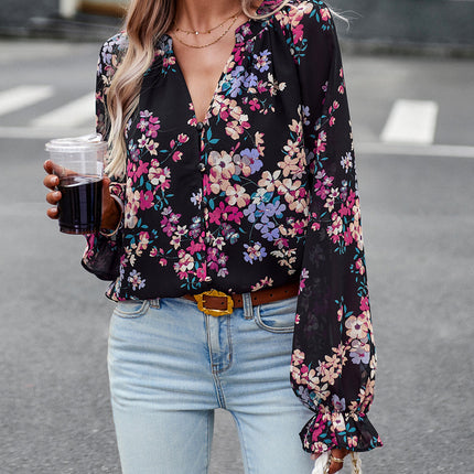 Women's Tops Casual Floral Print V Neck Long Sleeve Shirts Loose Chiffon Blouses Shirts Tops