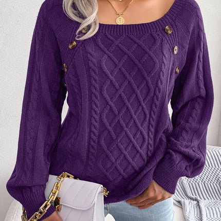 Square Neck Knitted Sweater With Button Design Winter Warm Long Sleeve Tops Women's Clothing