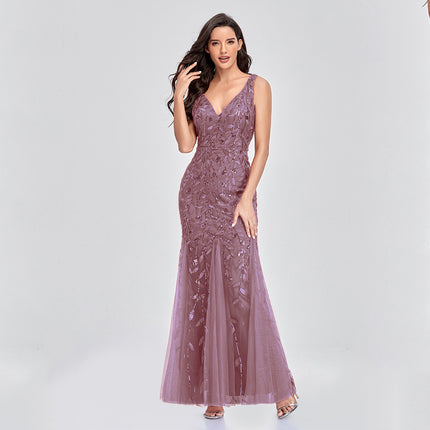 Sexy Long Dress Sleeveless V-neck Embroidered Sequin Slim Mermaid Dress