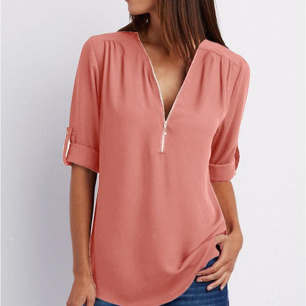 Zip V-neck Shirts Women Short Sleeve Loose Tops