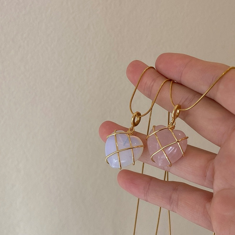 Fashion Moonstone Necklace | Cartoon Princess Heart Pendant for Girls & Women | Real Gold Electroplated Copper Chain | Japanese & Korean Style | Barbie Opal & Pink Spar Options | 39cm + 7cm Extension - Apparel & Accessories > Jewelry > Necklaces
