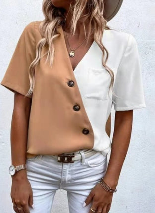 Women's Chiffon Fashion Contrast Short Sleeve Shirt Top