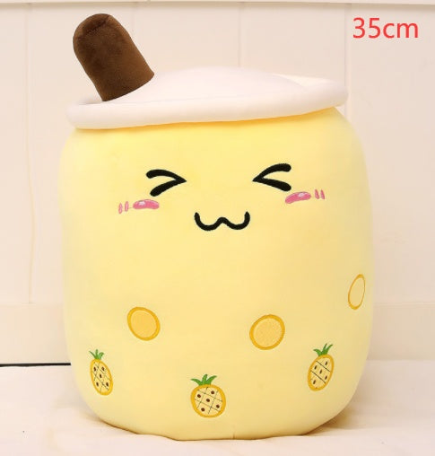 KawaiiTea | Plush Toy | Soft Fabric | Embroidered Face | Strawberry Pink Bubble Tea | Cuddle Tea Pillow -