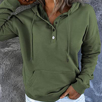 Long-sleeved Hooded Sweatshirt With Pockets Fashion Casual Button Drawstring Design Hoodie Top Spring And Autumn Sports Clothing For Women