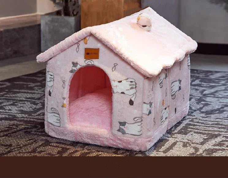 Foldable Dog & Cat House Bed | Warm Winter Enclosed Cave Kennel | Self-Warming Plush Pet Nest with Durable Non-Slip Bottom | Removable Cozy Villa | S–L - Animals & Pet Supplies > Pet Supplies > Pet Beds > Caves