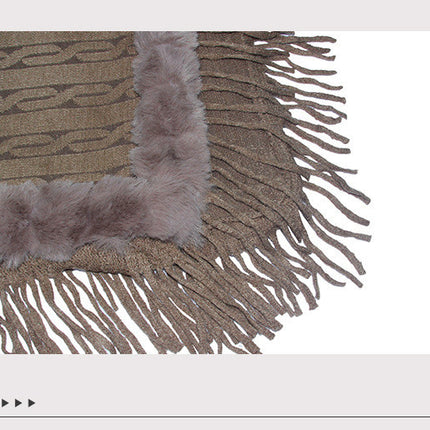 Pure Color Knitted Cape Shawl With Fur Collar