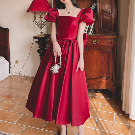 Winter Wine Red Engagement Daily French Princess On The Run Satin Dress