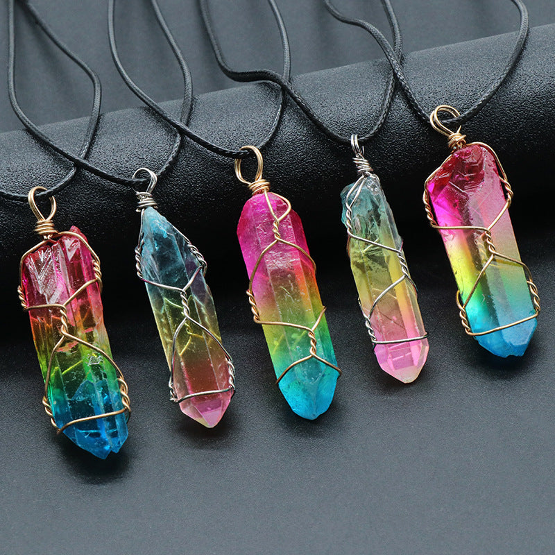 Stone Crystal Pillar Necklace | Tree of Life Pendant for Women | Natural Crystal Column Jewelry | Simple O-Chain with Extension | Rainbow Color Options | Fashion Healing Energy Necklace - Apparel & Accessories > Jewelry > Necklaces