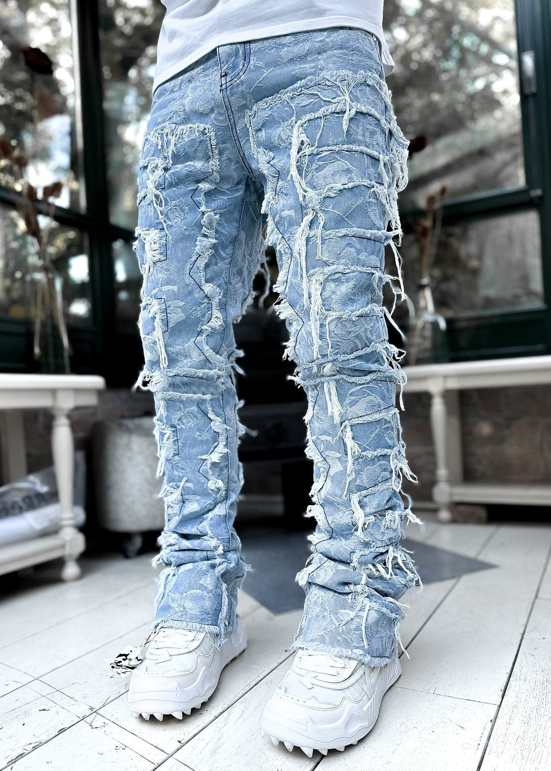 Men’s Stacked Jeans | Tight Fit Long Trousers with Patched Design | Trendy Solid Color Streetwear Pants | Cotton Slim Fit Fashion Jeans for Men | Stylish Modern Men’s Clothing - Apparel & Accessories > Clothing > Pants > Jeans