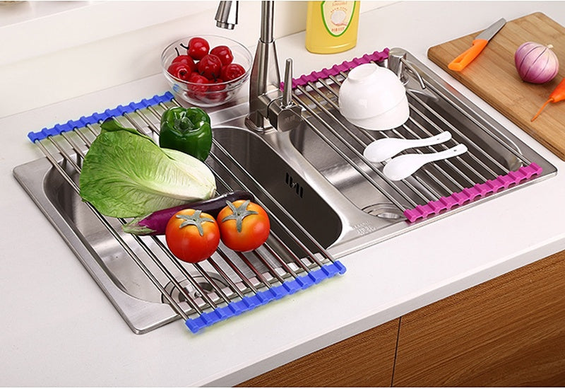 | Folding Kitchen Drain Rack | Stainless Steel | Easy to Clean | Space Saving | Large | Keeps Counter Dry and Organized -