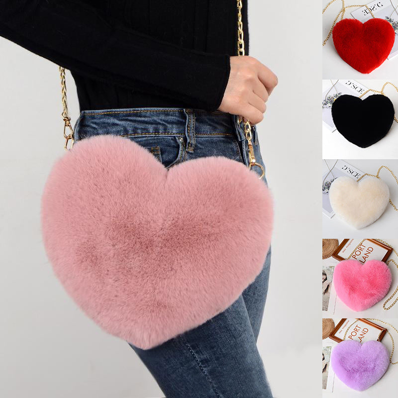 Women’s Plush Heart Shoulder Bag | Valentine’s Day Party Purse | Soft Plush Chain Crossbody | Zipper Closure | Cute Medium Round Heart Bag for Gifts & Events - Apparel & Accessories > Handbags, Wallets & Cases > Handbags > Shoulder Bags