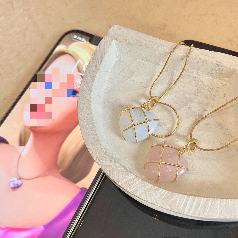 Fashion Moonstone Necklace | Cartoon Princess Heart Pendant for Girls & Women | Real Gold Electroplated Copper Chain | Japanese & Korean Style | Barbie Opal & Pink Spar Options | 39cm + 7cm Extension - Apparel & Accessories > Jewelry > Necklaces