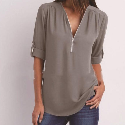 Zip V-neck Shirts Women Short Sleeve Loose Tops