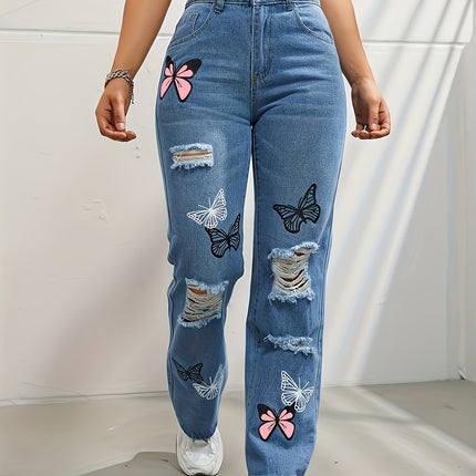 High Waisted Straight Leg Jeans For Women Trendy Butterfly Print Ripped Distressed Denim Pants