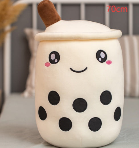 KawaiiTea | Plush Toy | Soft Fabric | Embroidered Face | Strawberry Pink Bubble Tea | Cuddle Tea Pillow -