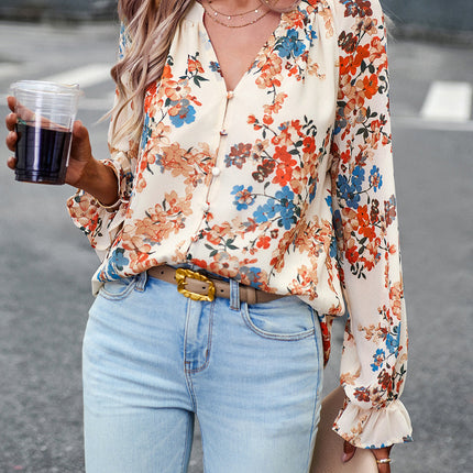 Women's Tops Casual Floral Print V Neck Long Sleeve Shirts Loose Chiffon Blouses Shirts Tops