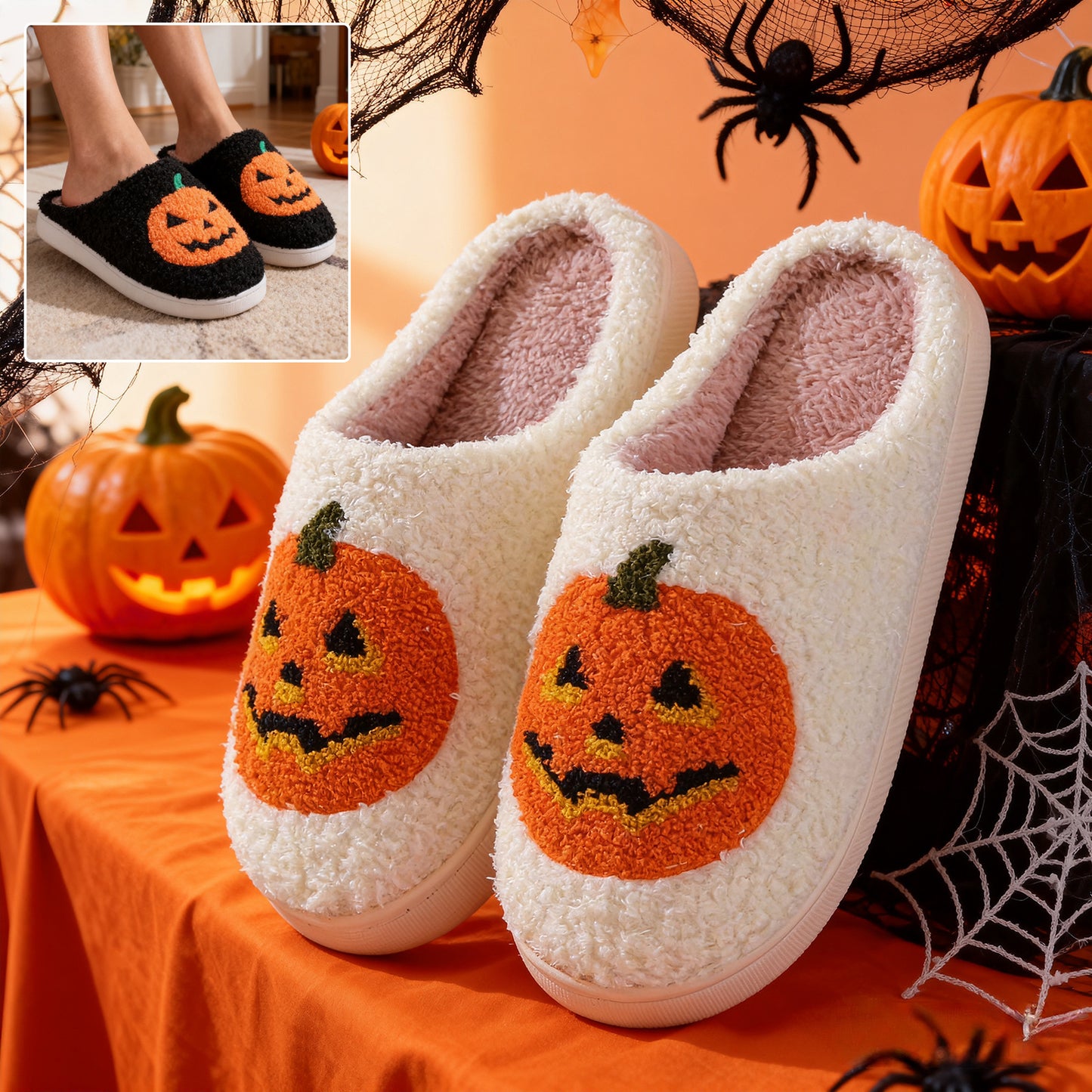 Halloween Pumpkin Slippers for Women & Men | Warm Winter Indoor House Shoes | Soft Suede Upper | Non-Slip Rubber Sole | Cozy Cotton Lining | Couples Plush Home Slippers - Apparel & Accessories > Shoes > Slippers