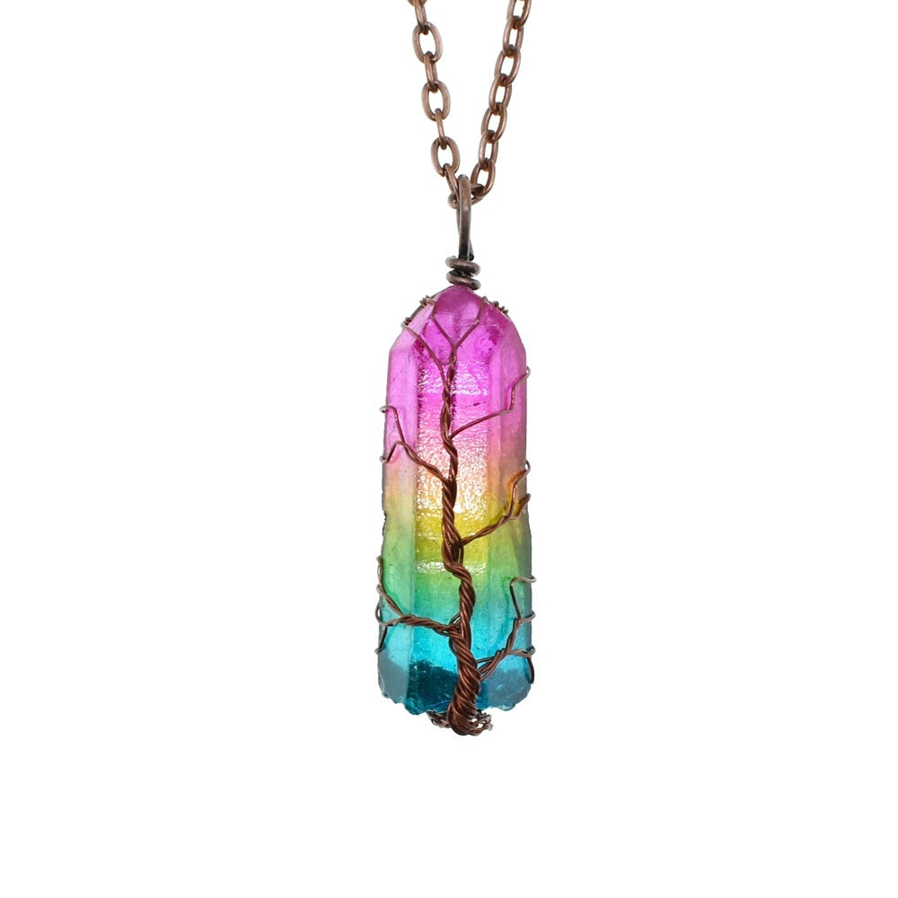 Stone Crystal Pillar Necklace | Tree of Life Pendant for Women | Natural Crystal Column Jewelry | Simple O-Chain with Extension | Rainbow Color Options | Fashion Healing Energy Necklace - Apparel & Accessories > Jewelry > Necklaces