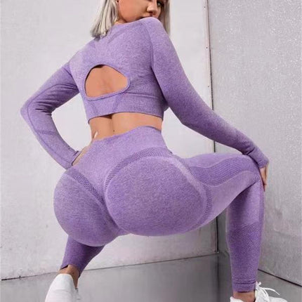 2pcs Sports Suits Long Sleeve Hollow Design Tops And Butt Lifting High Waist Seamless Fitness Leggings Sports Gym Sportswear Outfits Clothing