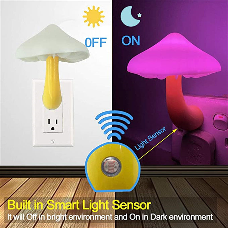 LumoGlow | Led Night Light Mushroom Wall Lamp | Light Sensor | Auto Night Lighting | Warm White | Eu Us Plug Compatible -