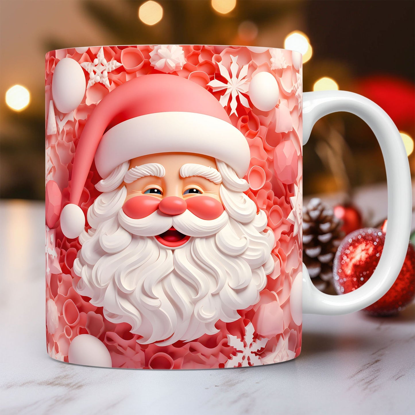 Creative | 3D Christmas Ceramic Mug | Santa Claus 3D Painted | Comfortable Grip Handle | White | Ideal Christmas Gift -