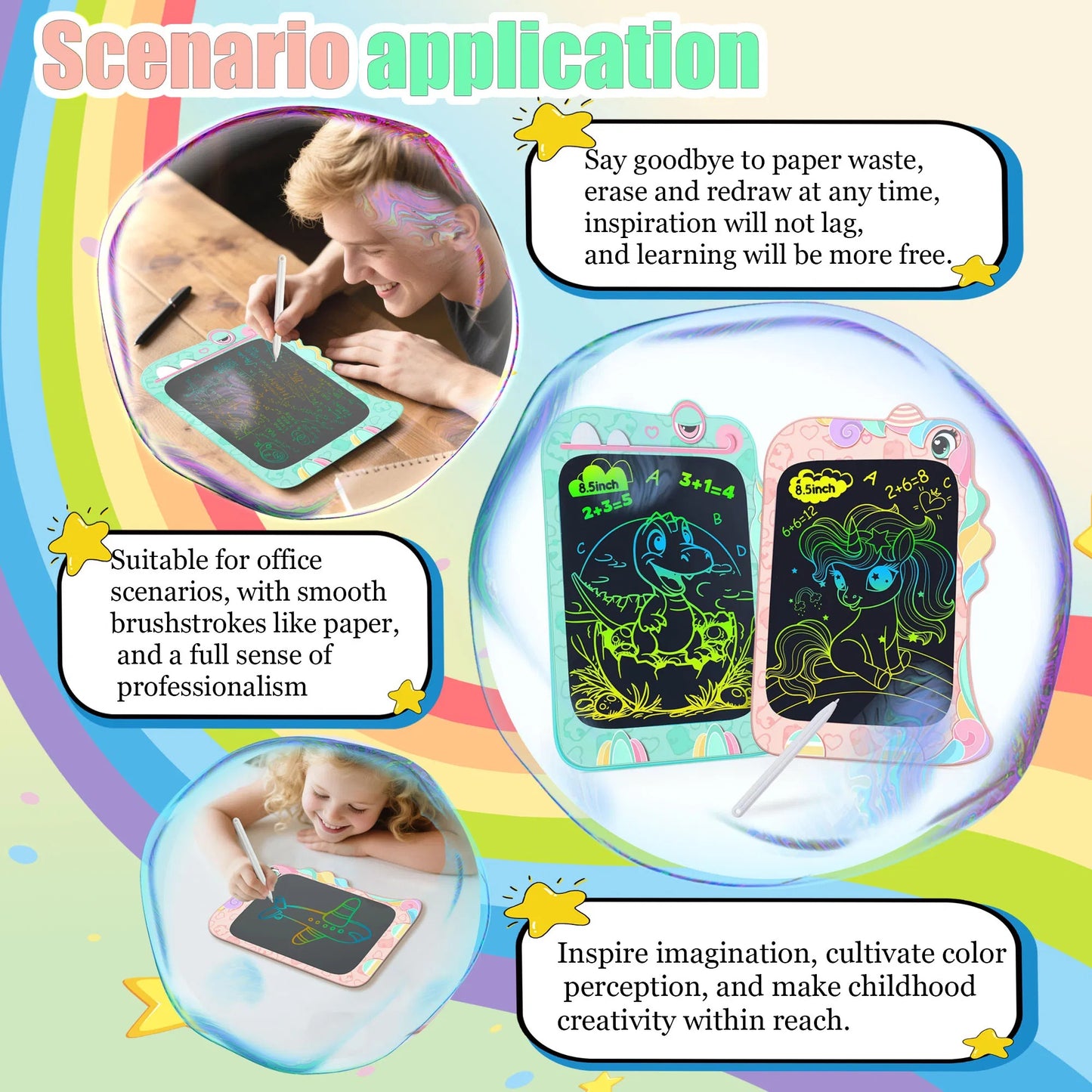 MiniLearn | Lcd Writing Tablet | 8 Point 5 Inch Color Screen | Erasable Doodle Pad | Unicorn Theme | Eye Safe Lcd Tech -