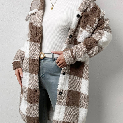 Button Lapel Plush Plaid Coat Loose