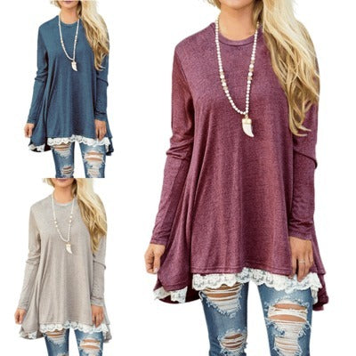 Autumn and winter lace stitching large size round neck sleeve long-sleeved T-shirt dress