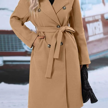 Lapel Double-breasted Trench Coat With Belt Winter Fashion Solid Color Long Jacket Outwear Women Clothing