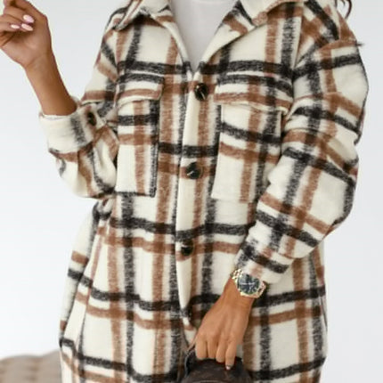 Button Lapel Casual Warm Plaid Long Woolen Coat