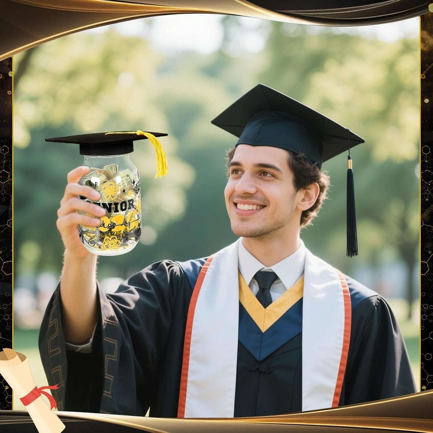 GradGems | Mason Jar Cash Holder | Cap Top With Raffia | Ideal For Festive Favors | 16.4 x 8.6 cm | Stickers -