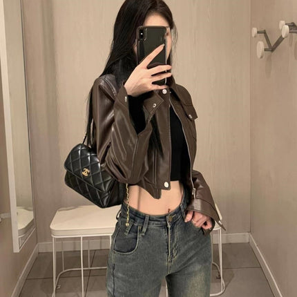 American Retro Sweet Cool Hot Girl Style Coffee Color Leather Coat Motorcycle Jacket Top