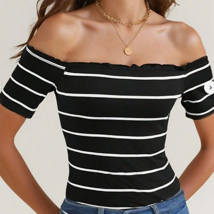 Summer To Autumn Casual Street Nautical Style Off-Shoulder Striped T-Shirt For Women