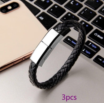 BraceletCharge | Bracelet Charger Cable | Braided Leather | Emergency USB Cable | Black | On-The-Go iPhone Charging -