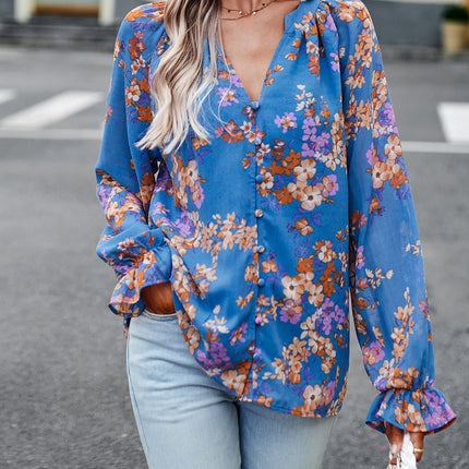 Women's Tops Casual Floral Print V Neck Long Sleeve Shirts Loose Chiffon Blouses Shirts Tops