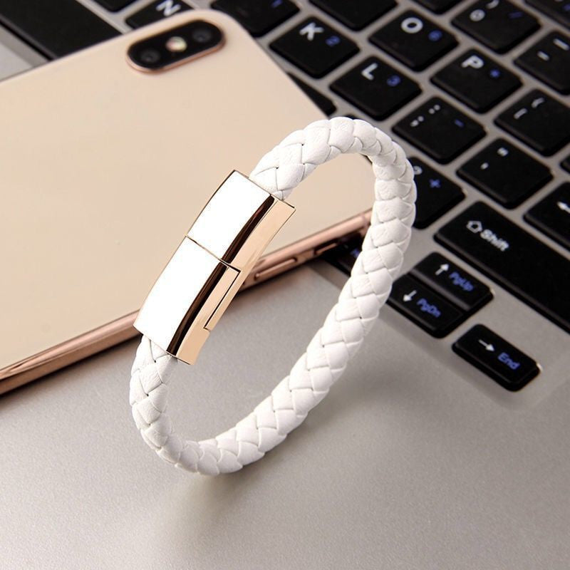 BraceletCharge | Bracelet Charger Cable | Braided Leather | Emergency USB Cable | Black | On-The-Go iPhone Charging -