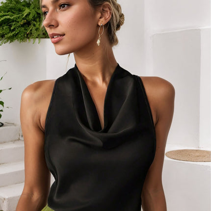 Women Solid Color Swing Collar Sleeveless Vest Trendy Elegant Shirt With Halter Neckline Backless Short Sleeve Tops Tshirts