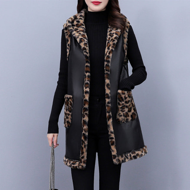 Plus Size Women's Leopard Rabbit Plush Vest Coat