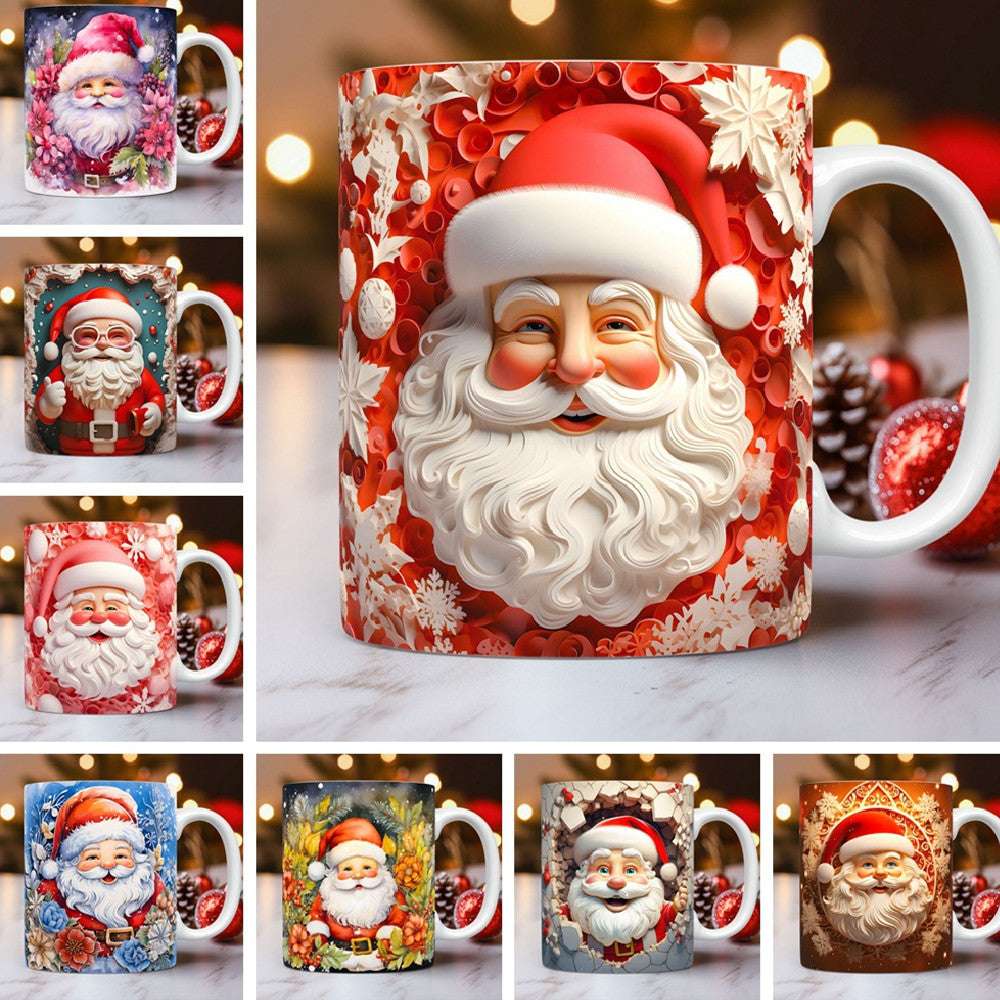 Creative | 3D Christmas Ceramic Mug | Santa Claus 3D Painted | Comfortable Grip Handle | White | Ideal Christmas Gift -