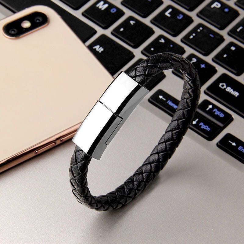 BraceletCharge | Bracelet Charger Cable | Braided Leather | Emergency USB Cable | Black | On-The-Go iPhone Charging -