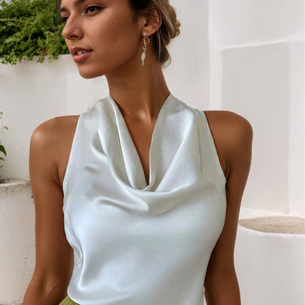 Women Solid Color Swing Collar Sleeveless Vest Trendy Elegant Shirt With Halter Neckline Backless Short Sleeve Tops Tshirts