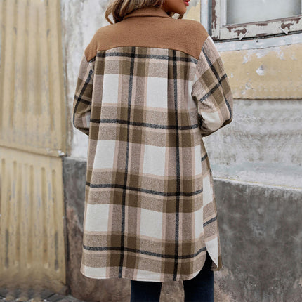 New Brushed Plaid Long Coat With Pockets Fashion Winter Jacket Outwear Women's Clothing